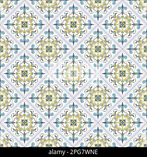 Italian tile pattern vector seamless with vintage ornaments. Portuguese azulejos, mexican talavera, italy sicily majolica motifs. Tiled texture for ce Stock Vector