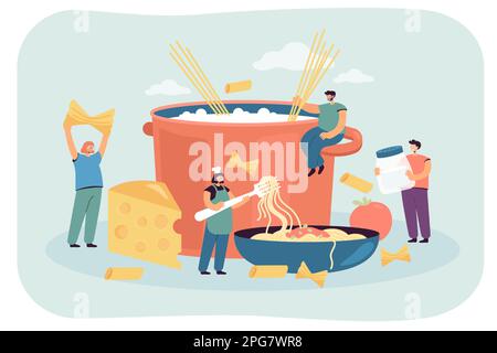 Tiny female cook with spaghetti in huge plate Stock Vector