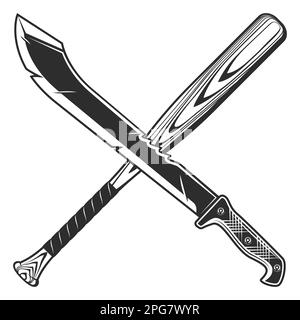 Crossed machete with baseball bat icon, sharp knife melee weapon of hunter in jungle. Black and white vector isolated on white background Stock Vector