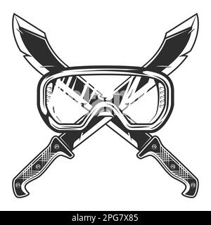 Machete with construction safety glasses icon, sharp knife melee weapon of hunter in jungle. Black and white vector isolated on white background Stock Vector