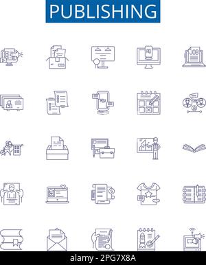 Publishing line icons signs set. Design collection of Printing, distribution, editing, marketing, manuscripts, magazines, books, newspapers outline Stock Vector