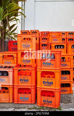 Orion beer crates, orange; Okinawa, Japan Stock Photo