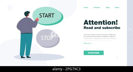 Man standing in front of huge start and stop buttons Stock Vector