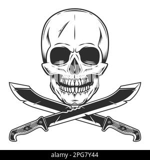 Skull with machete sharp knife melee weapon of hunter in jungle. Black and white vector isolated on white background Stock Vector