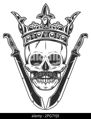 Skull in crown royal king and mustache with crossed machete sharp knife and ribbon. Melee weapon of hunter in jungle. Black and white vector isolated Stock Vector