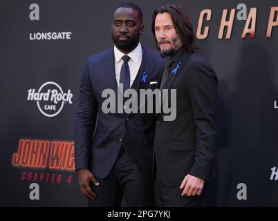 (L-R) Shamier Anderson and Keanu Reeves at the Lionsgate's JOHN WICK: CHAPTER 4 Los Angeles Premiere held at the TCL Chinese Theatre in Hollywood, CA on Monday, March 20, 2023. (Photo By Sthanlee B. Mirador/Sipa USA) Stock Photo