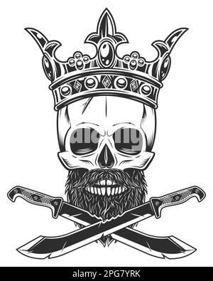 Skull in crown royal king with beard and mustache with crossed machete sharp knife and ribbon. Melee weapon of hunter in jungle. Black and white Stock Vector