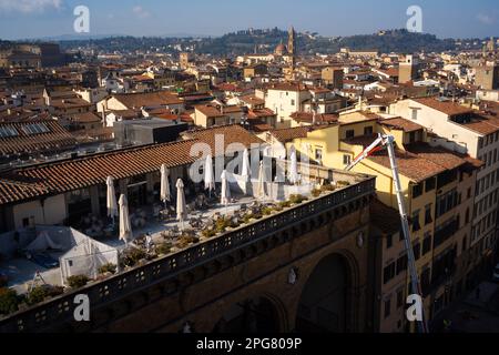 Restoration work taking place, after water damage to the ceiling of the Loggia della Signoria in Florence - meaning the roof terrace was closed . Stock Photo