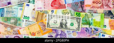 Stuttgart, Germany - January 24, 2023: Money Banknotes Euro Dollars Currencies Finance On Travel Background Panorama Pay Pay Banknotes In Stuttgart, G Stock Photo