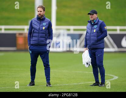 England manager Gareth Southgate and assistant Steve Holland during a training session at St. George's Park, Burton-on-Trent. Picture date: Tuesday March 21, 2023. Stock Photo