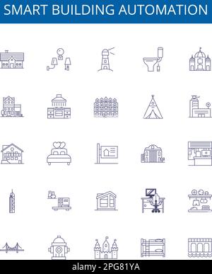 Smart building automation line icons signs set. Design collection of Smart, Building, Automation, IoT, Energy-efficiency, Voice-recognition, Sensors Stock Vector