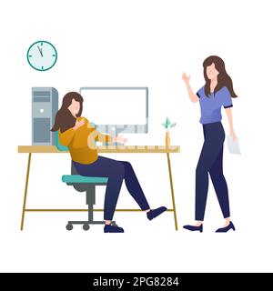 Businesswoman sitting at desk and talking on phone. Businesswoman working at office. Vector illustration in flat style Stock Vector