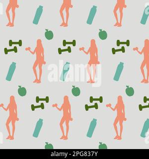 Seamless pattern with icons of fitness women, gym dumbbells, bottles of water, and apples. Vector illustration Stock Vector