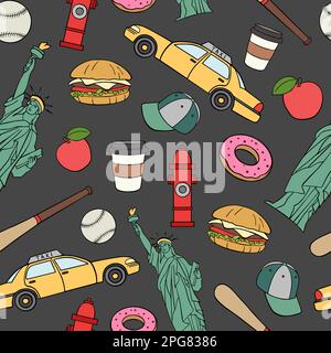 vector seamless pattern with symbols of America, USA. bright pattern with doodle elements on a dark background. Stock Vector