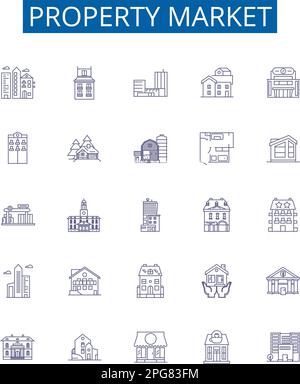 Property market line icons signs set. Design collection of real estate, property, housing, market, investments, sales, homes, prices outline concept Stock Vector