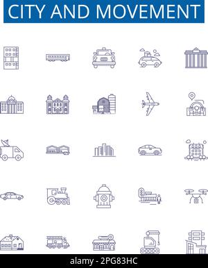 City and movement line icons signs set. Design collection of city, movement, transportation, urban, pedestrian, bike, car, bus outline concept vector Stock Vector