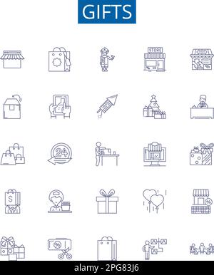 Gifts line icons signs set. Design collection of Presents, Favors, Souvenirs, Offerings, Tokens, Bonuses, Packages, Gratuity outline concept vector Stock Vector