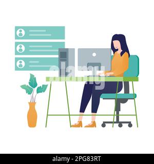 Woman working on computer at home office. Flat style vector illustration. Stock Vector