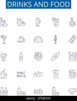 Drinks and food line icons signs set. Design collection of Drinks, Snack, Soda, Juice, Coffee, Beer, Tea, Smoothie outline concept vector Stock Vector