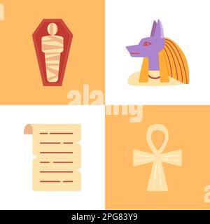 Egyptian religious symbols icon set in flat style. Ancient historical elements - mummy, Anubis god, papyrus and cross. Vector illustration. Stock Vector