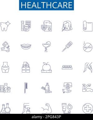 Healthcare line icons signs set. Design collection of Care, Healthcare, Medicine, Treatment, Wellness, Diagnosis, Mental, Health outline concept Stock Vector