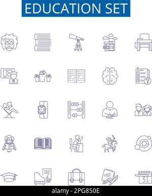Education set line icons signs set. Design collection of Teaching, Learning, Schooling, Instruction, Courses, Classes, Training, Studies outline Stock Vector