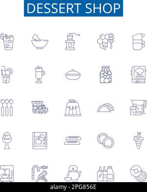 Dessert shop line icons signs set. Design collection of dessert, shop, bakery, pastry, confectionery, ice cream, sorbet, parlor outline concept vector Stock Vector