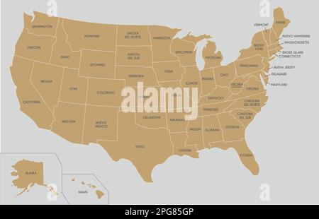USA Map vector illustration with country names in spanish. Editable and clearly labeled layers. Stock Vector