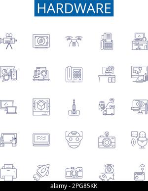 Hardware line icons signs set. Design collection of Hardware, Components, Devices, CPUs, Motherboards, RAM, GPU, BIOS outline concept vector Stock Vector