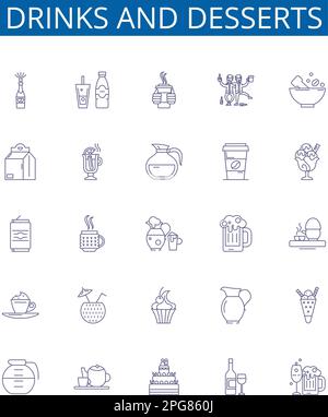 Drinks and desserts line icons signs set. Design collection of Cocktails, Beverages, Juices, Smoothies, Beer, Wine, Soup, Pasta outline concept vector Stock Vector