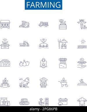 Farming line icons signs set. Design collection of Cropping, Cultivation, Agriculture, Tillage, Irrigation, Harvesting, Planting, Livestock outline Stock Vector