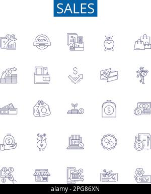 Sales line icons signs set. Design collection of Sales, Merchandising, Profits, Purchasing, Retailing, Marketability, Shipping, Advertising outline Stock Vector