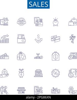 Sales line icons signs set. Design collection of Sales, Merchandising, Profits, Purchasing, Retailing, Marketability, Shipping, Advertising outline Stock Vector