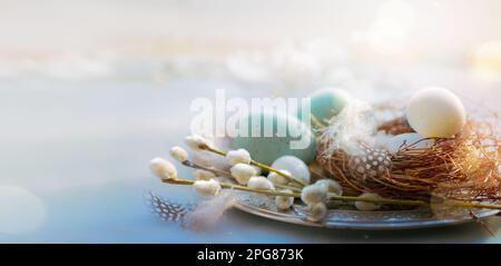 Easter banner background with Easter decoration eggs and spring flowers. Happy Easter morning. copy space Stock Photo