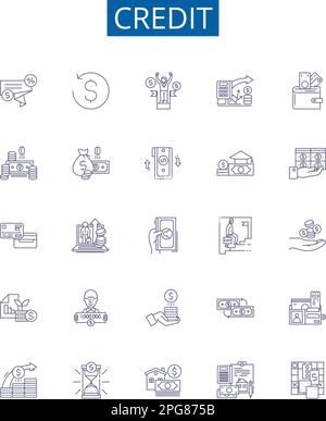 Credit line icons signs set. Design collection of Credit, Loan, Money, Card, Bank, Finance, Rate, Borrow outline concept vector illustrations Stock Vector