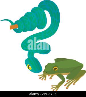 Reptile class icon isometric vector. Big blue snake on branch near green frog. Cold blooded animal, biological diversity concept Stock Vector