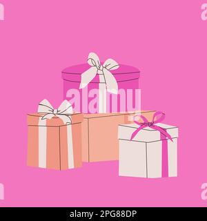 Composition of various gift boxes with bows. Vector flat isolated illustration for design. Pink, beige and white colors. Stock Vector