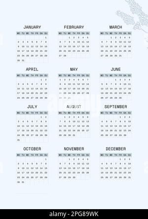 Minimalistic planners , daily, weely, monthly. Annual wall calendar planner template. Week starts on Monday.Clear and simple printable to do list. Stock Photo