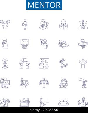 Mentor line icons signs set. Design collection of mentor, guidance, advice, experience, knowledge, wisdom, support, encouragement outline concept Stock Vector