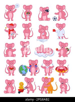 Pink mouse cartoon character in different poses sticker set Stock Vector