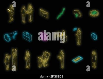 Outsource icons set. Isometric set of outsource vector icons neon color on black Stock Vector