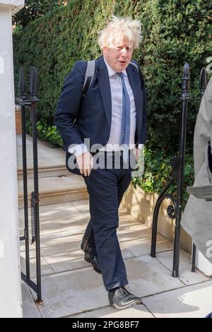 Former Prime Minister Boris Johnson leaves his home in London this morning. His comments are closely-watched as chancellor Jeremy Hunt is due to deliv Stock Photo