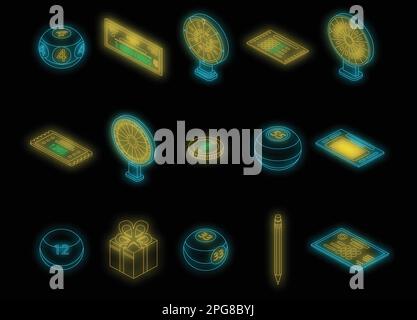 Lottery icons set. Isometric set of lottery vector icons neon color on black Stock Vector