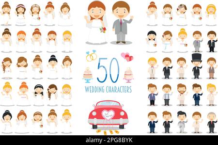 Set of 50 wedding characters and nuptial icons in cartoon style Stock Vector