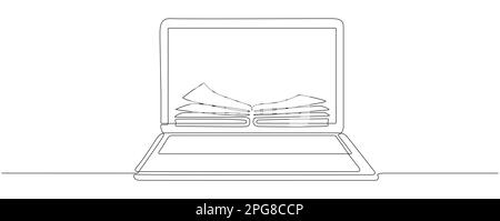 Continuous line drawing of laptop with book. Online education linear illustration. Vector isolated on white. Stock Vector