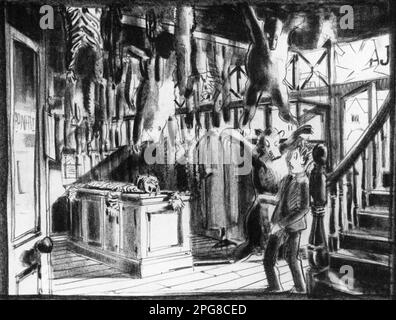 Concept Art / Set Design by Art Director NORMAN ARNOLD for the film ALASTAIR SIM JACK WARNER and HARRY FOWLER in HUE AND CRY 1947 director CHARLES CRIGHTON writer T.E.B. Clarke music Georges Auric producer Michael Balcon Ealing Sudios / General Film Distributors (GFD) Stock Photo