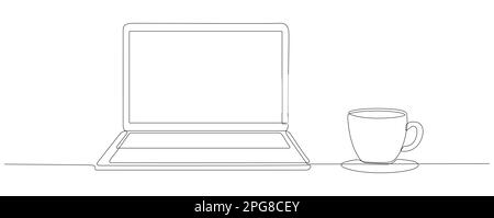 Continuous line drawing of laptop and coffee cup. Vector isolated on white. Stock Vector