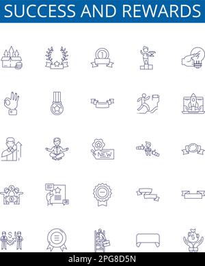 Success and rewards line icons signs set. Design collection of Achievement, Triumph, Honor, Profit, Riches, Gain, Prudence, Merit outline concept Stock Vector