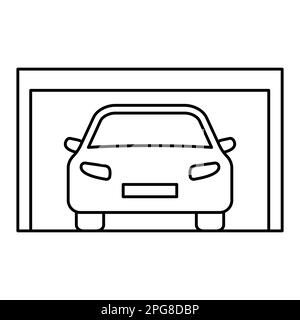 Garage with car. Open line garage door silhouette. Stock Vector