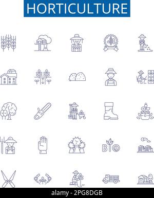 Horticulture line icons signs set. Design collection of Gardening, Nursery, Agronomy, Botany, Crops, Floriculture, Plants, Trees outline concept Stock Vector
